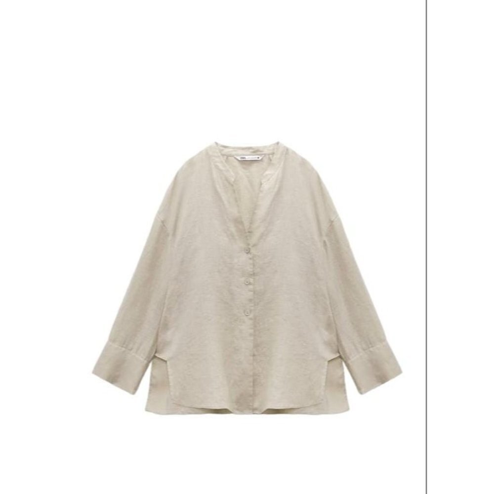 ZARA  ASYMMETRIC LINEN SHIRT Taupe grey SIZE XS| 4786/118 21" Ptp